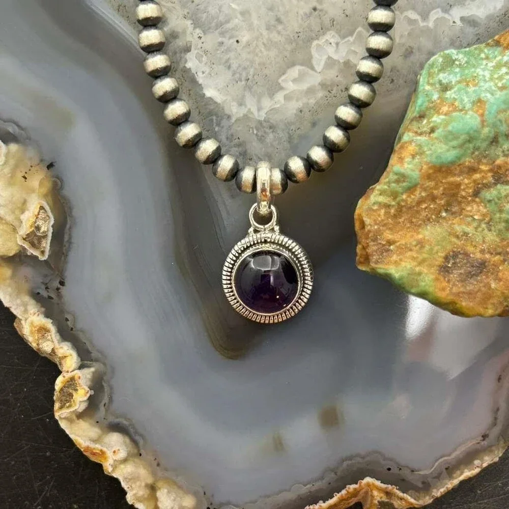 Sterling Southwestern Style Round Amethyst Decorated Charm/Pendant For Women